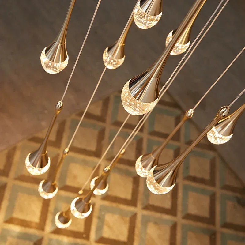 LuxRoyale Waterfall Gold LED Crystal Chandelier for Staircase Entryway