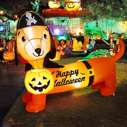 5 FT Long Halloween Inflatables Outdoor Decoration Halloween Dachshund Blow Up LED Pumpkin Dog for Garden Party 0