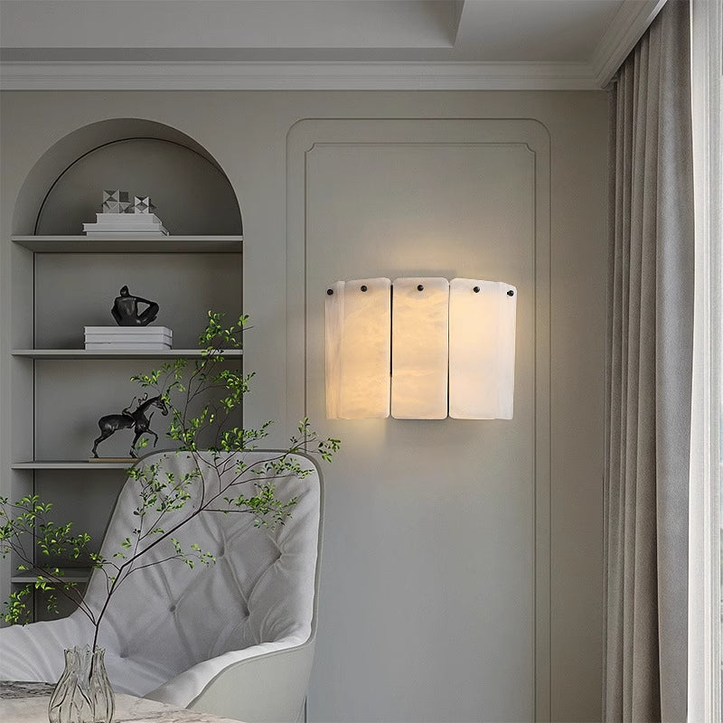 RoyaleGlow Modern Alabaster Wall Sconce - Luxury Layered Stone LED Light for Living Room