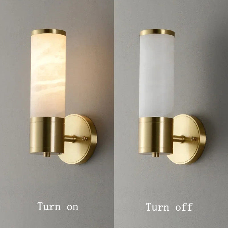 RoyaleGlow Art Deco Alabaster Sconce - Antique Brass Cylindrical Wall Lamp