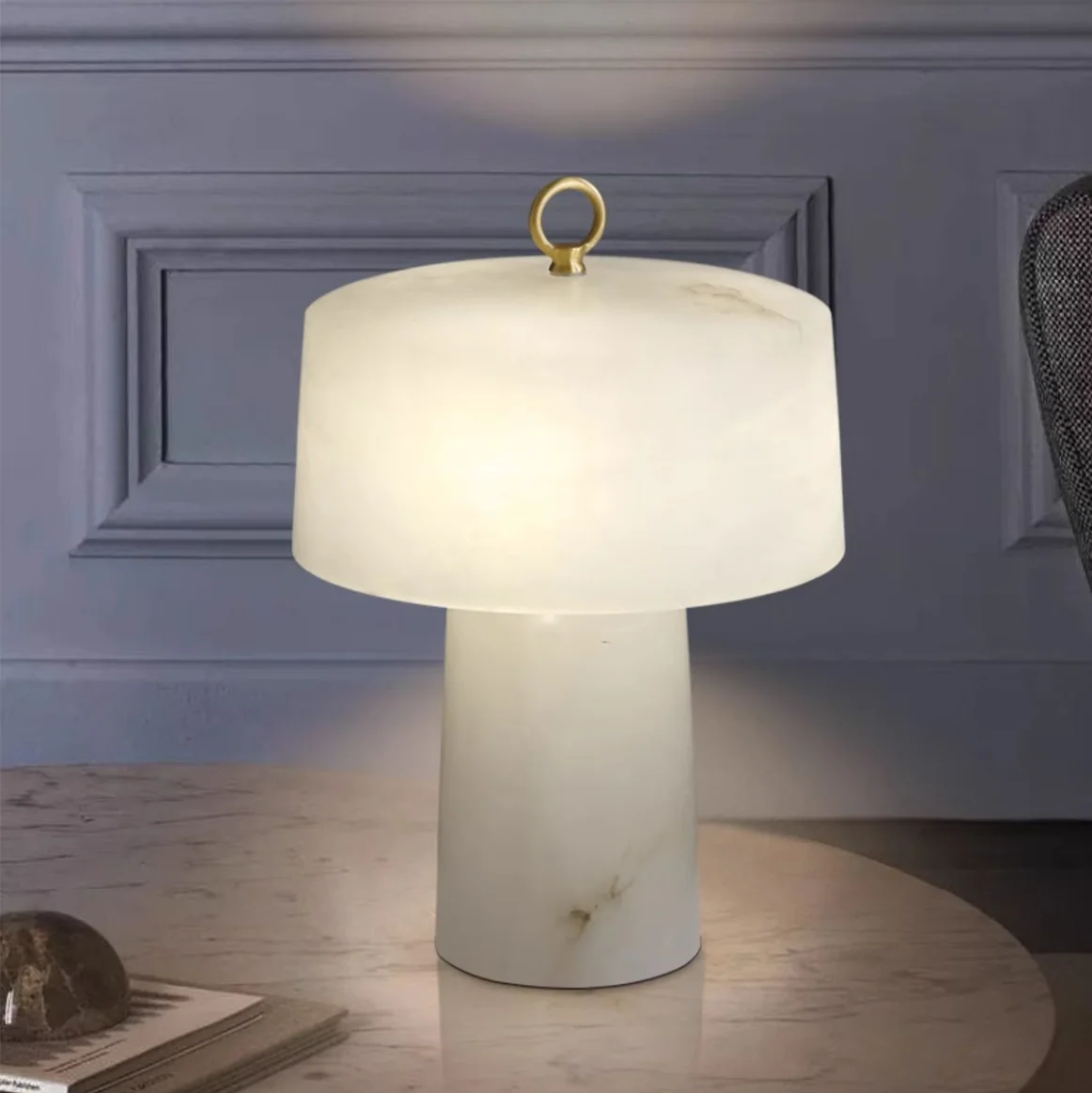 LuxRoyale Alabaster & Brass LED Table Lamp with Drum Shade & Ring Finial