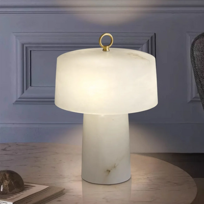 LuxRoyale Alabaster & Brass LED Table Lamp with Drum Shade & Ring Finial