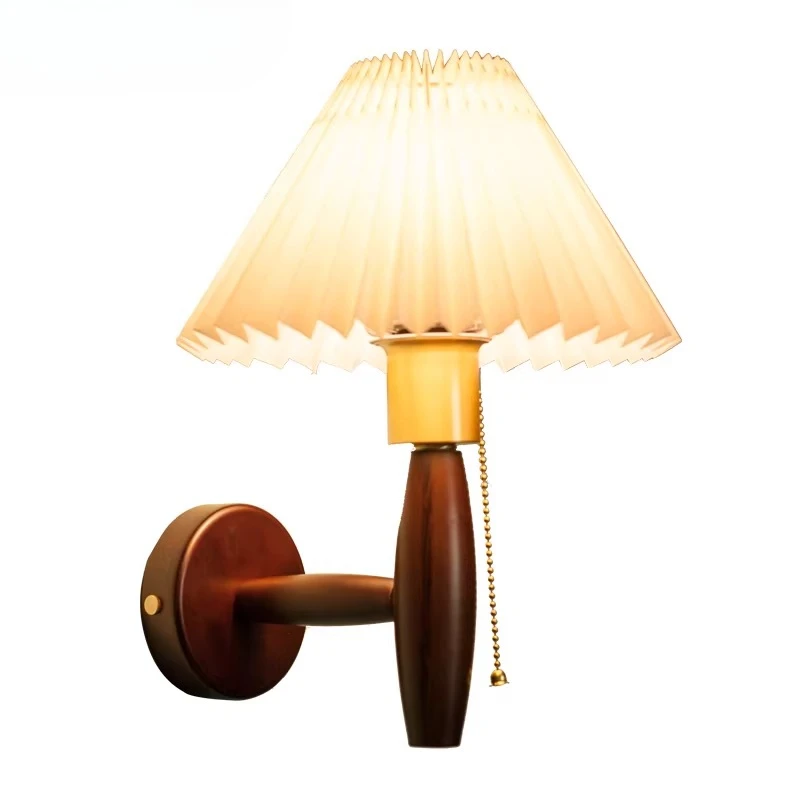 LuxRoyale Vintage Wood Wall Sconce with Pleated Fabric Shade for Bedroom & Hallway