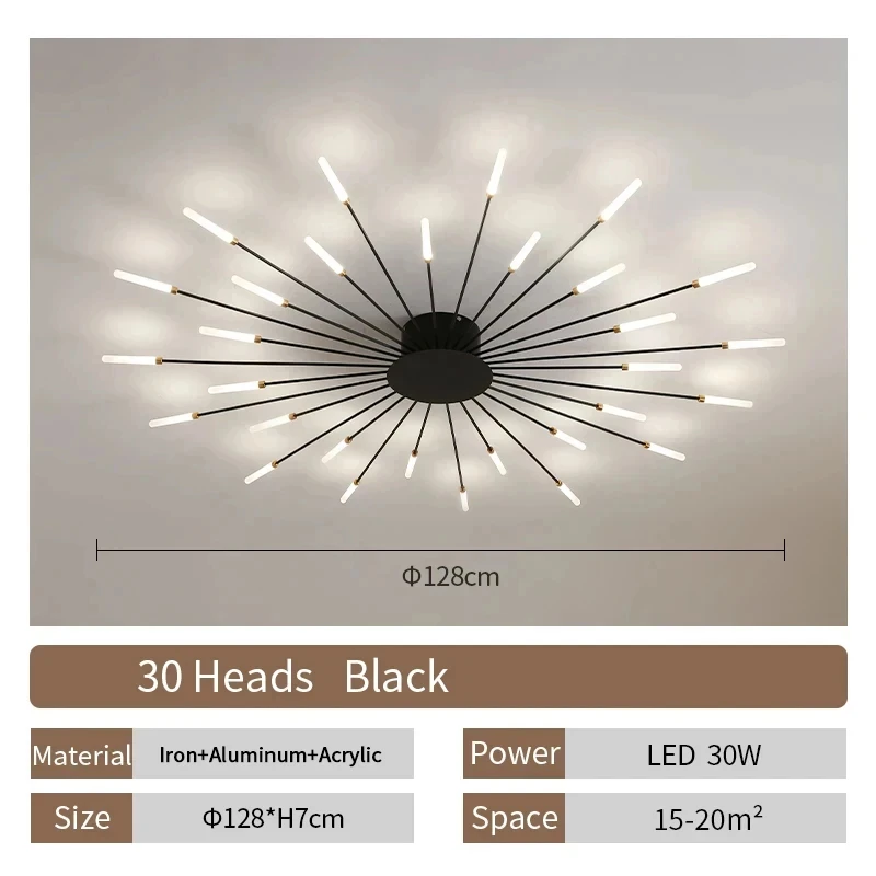 LuxRoyale Modern Sputnik LED Ceiling Light - Minimalist Black & Gold Radial Fixture