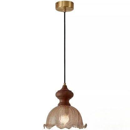 RoyaleGlow Vintage Rippled Glass Pendant Light with Brass & Wood for Kitchen & Dining Room