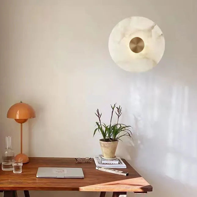 RoyaleGlow Round Alabaster Wall Sconce - Modern LED Flush Mount Light