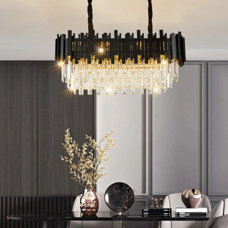 LuxRoyale Modern Black Chandelier with Clear Crystal Rods - Elegant Linear Lighting
