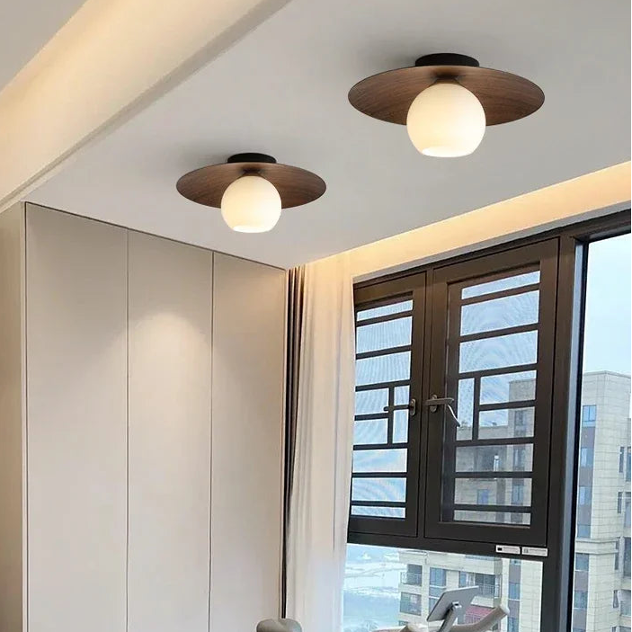 LuxRoyale Modern Wood Ceiling Light with White Globe Shade, Flush Mount Lamp