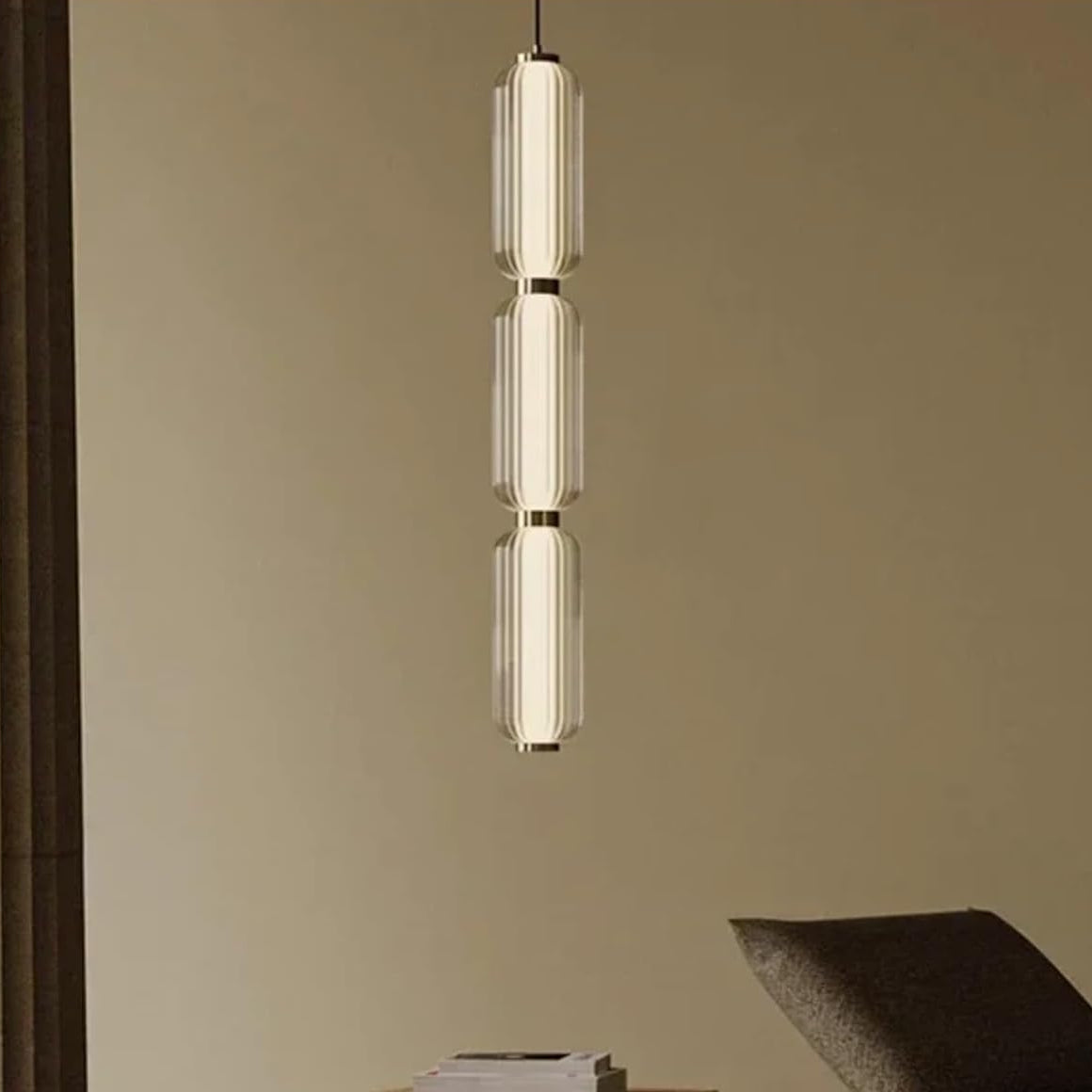 RoyaleGlow Modern Ribbed Glass Pendant Light - Brushed Gold Linear Cylinder Hanging Lamp