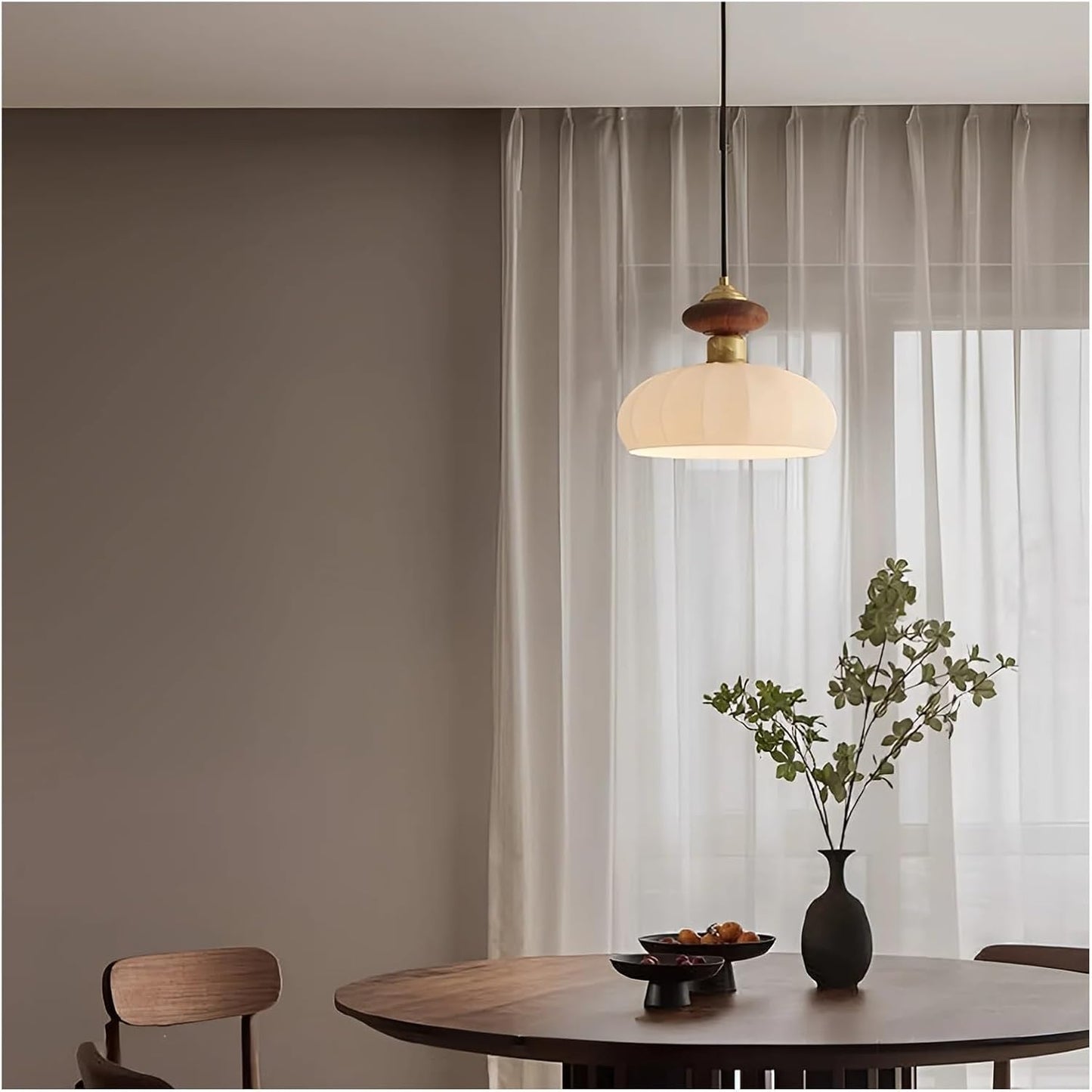 Royaleva Mid Century Glass and Wood Pendant Light with Brass Fittings