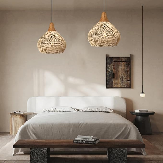 LuxRoyale Boho Rattan Pendant Light, Natural Woven Ceiling Lamp for Dining Room