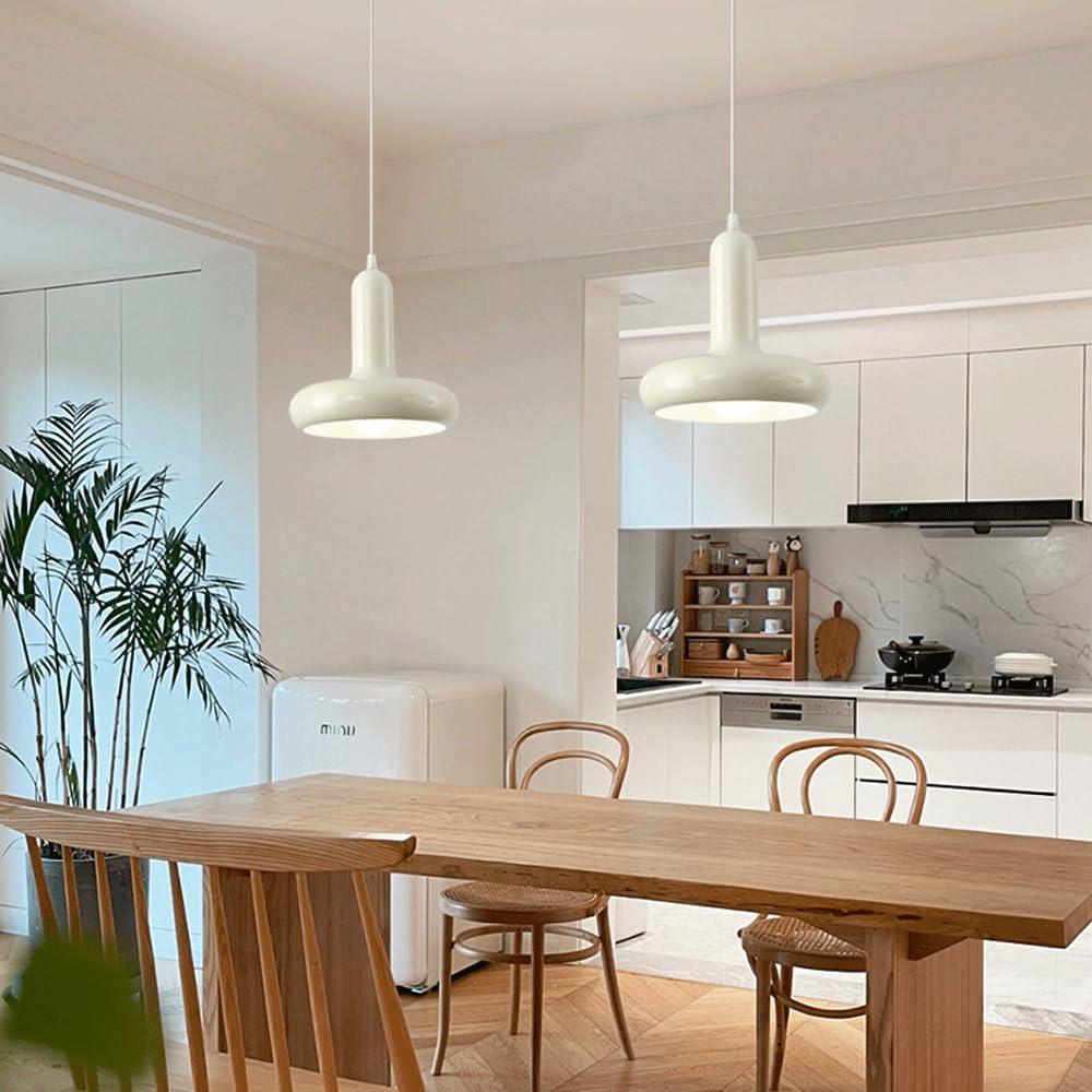 RoyaleGlow Cream Matte Metal Nordic Pendant Light, Warm LED Kitchen Dining