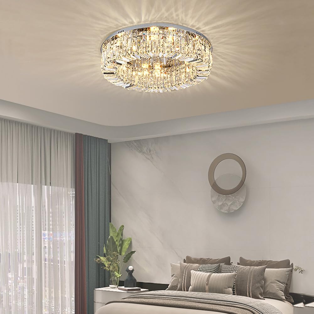 RoyaleGlow Modern Glam Crystal Flush Mount Ceiling Light for Living Room & Bedroom