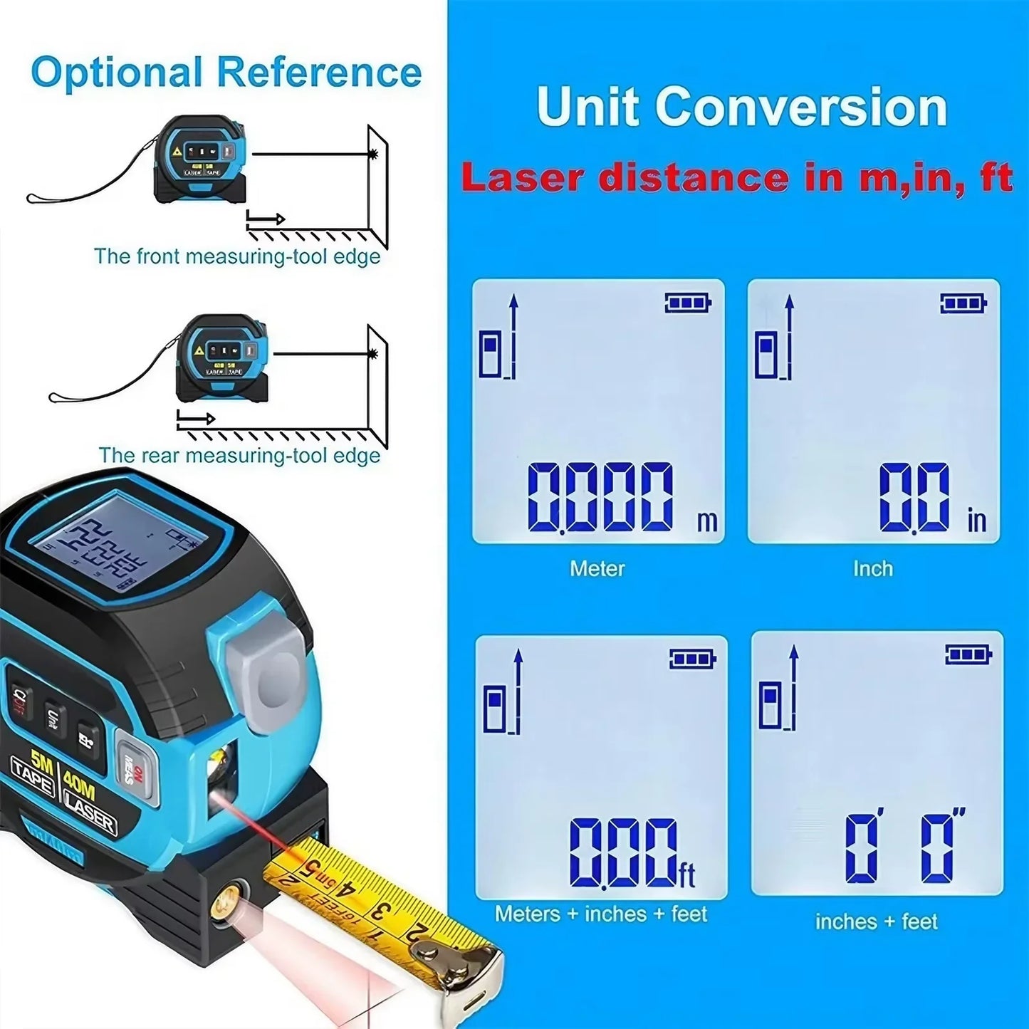 Royaleva 3-In-1 Laser Tape Measure 40/60M Meters Infrared