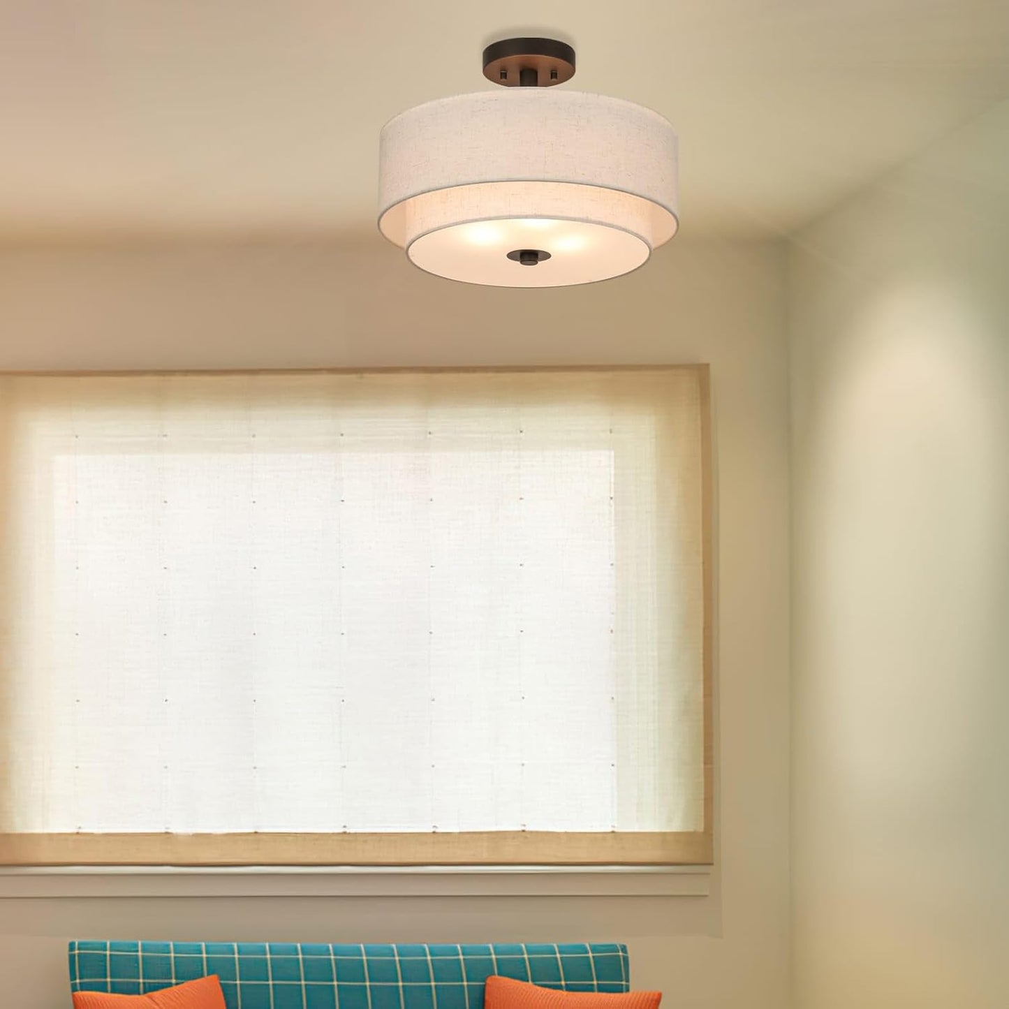 RoyaleGlow Modern Double-Tier Fabric Drum Flush Mount Ceiling Light