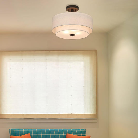 RoyaleGlow Modern Double-Tier Fabric Drum Flush Mount Ceiling Light