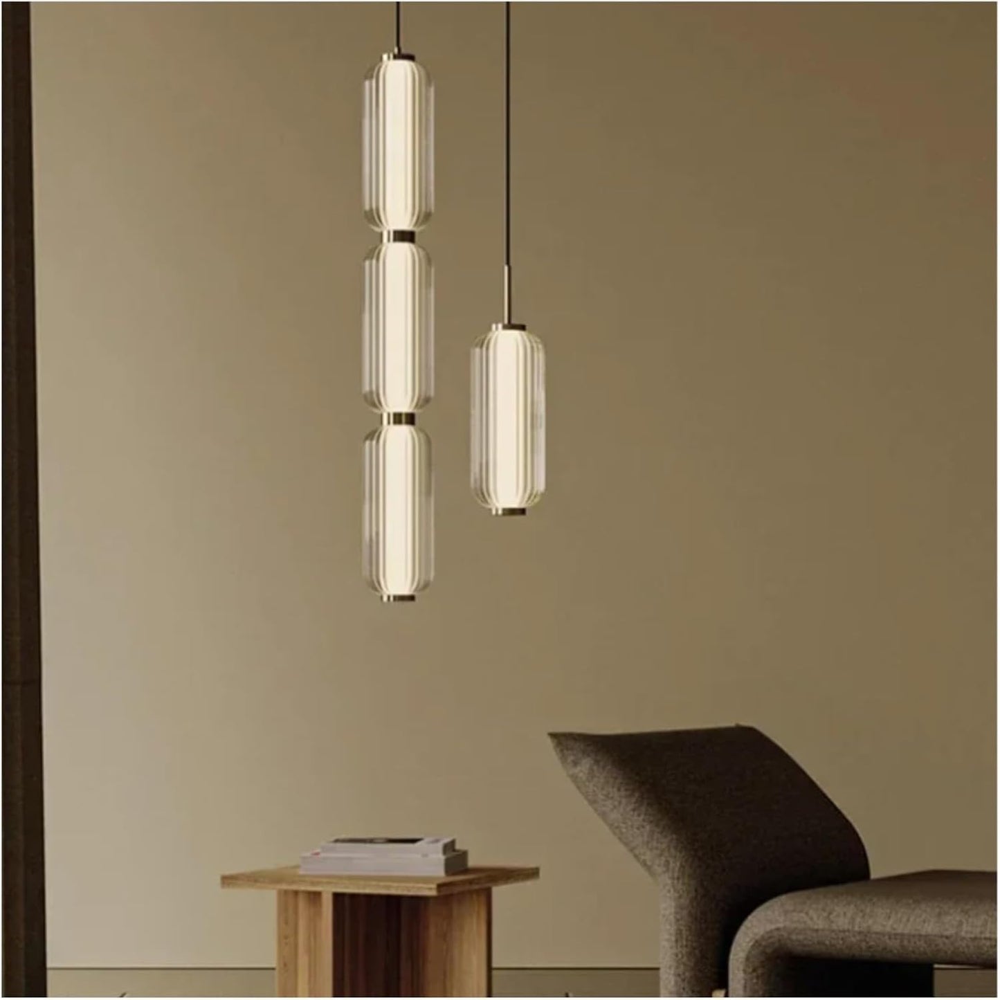 RoyaleGlow Modern Ribbed Glass Pendant Light - Brushed Gold Linear Cylinder Hanging Lamp