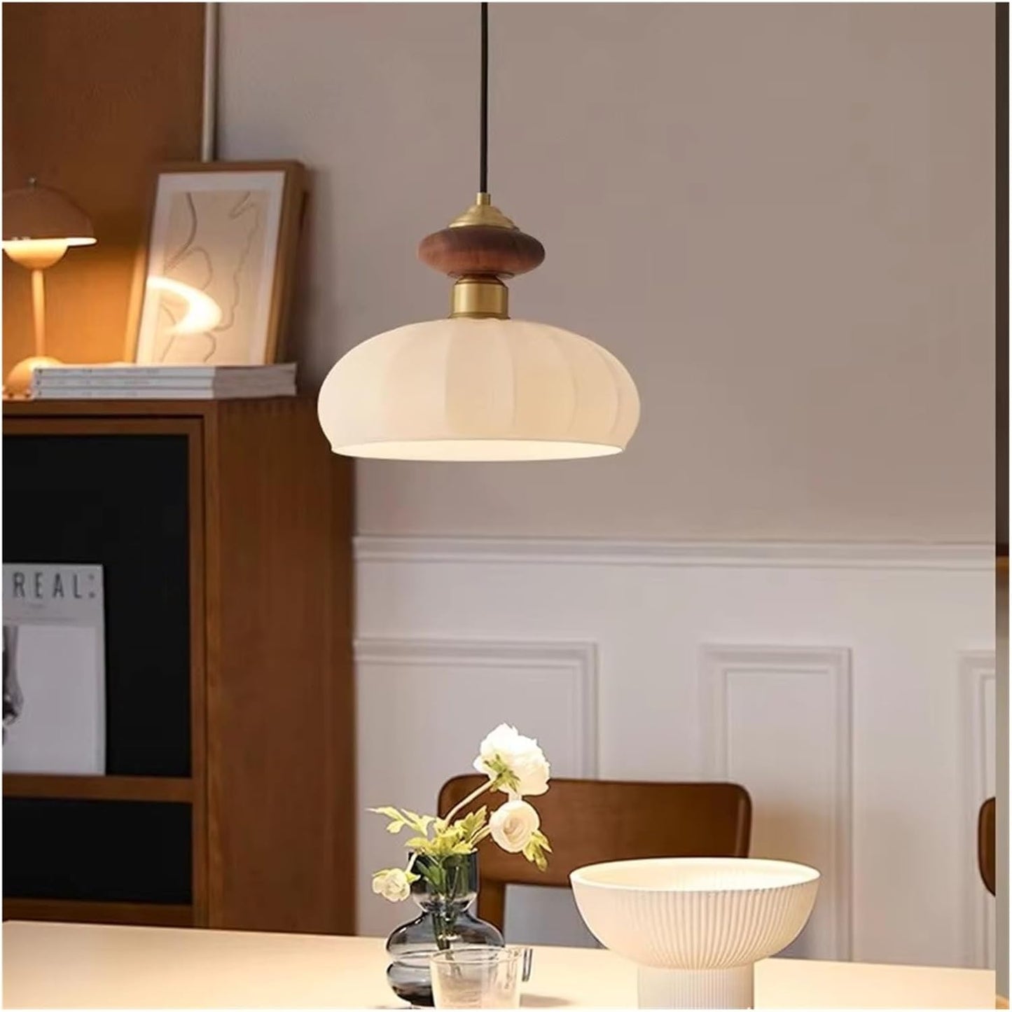 Royaleva Mid Century Glass and Wood Pendant Light with Brass Fittings