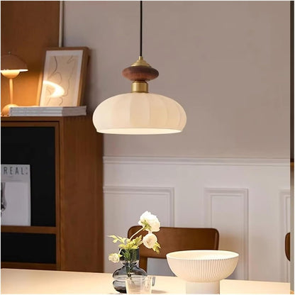 Royaleva Mid Century Glass and Wood Pendant Light with Brass Fittings