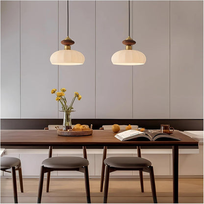 Royaleva Mid Century Glass and Wood Pendant Light with Brass Fittings