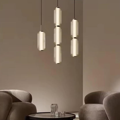 RoyaleGlow Modern Ribbed Glass Pendant Light - Brushed Gold Linear Cylinder Hanging Lamp