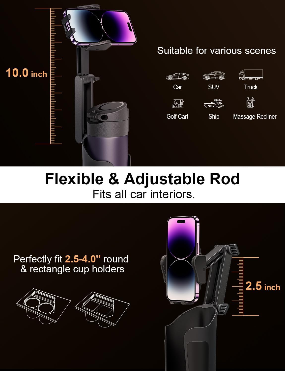 Luxora Phone Cup Holder Mount For Car - Adjustable Height