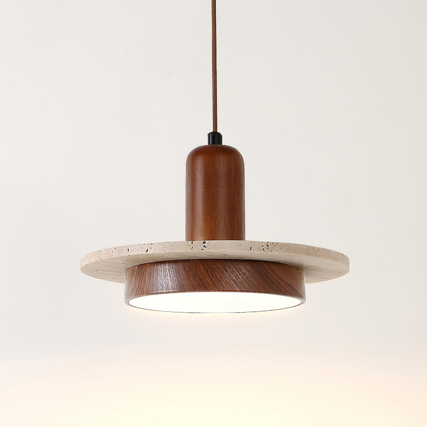 RoyaleGlow Wabi Sabi Travertine Stone & Wood Pendant Light - Modern Minimalist Lighting