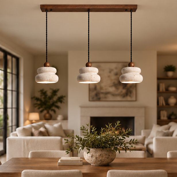 RoyaleGlow Modern Travertine & Walnut 3 Head Linear Chandelier for Dining, Kitchen Island