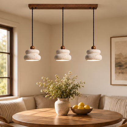RoyaleGlow Modern Travertine & Walnut 3 Head Linear Chandelier for Dining, Kitchen Island