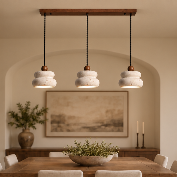 RoyaleGlow Modern Travertine & Walnut 3 Head Linear Chandelier for Dining, Kitchen Island
