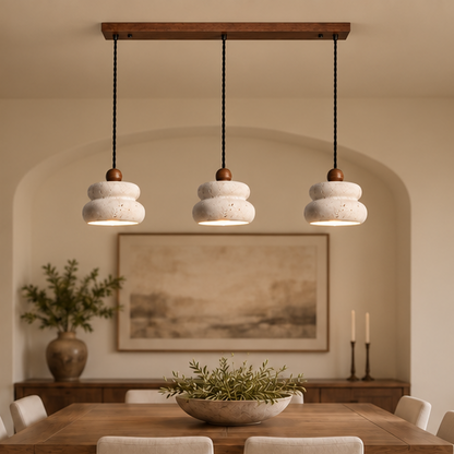 RoyaleGlow Modern Travertine & Walnut 3 Head Linear Chandelier for Dining, Kitchen Island