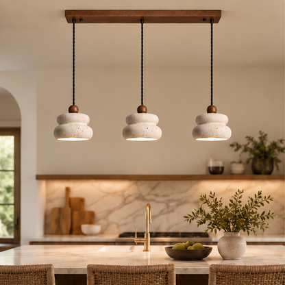 RoyaleGlow Modern Travertine & Walnut 3 Head Linear Chandelier for Dining, Kitchen Island
