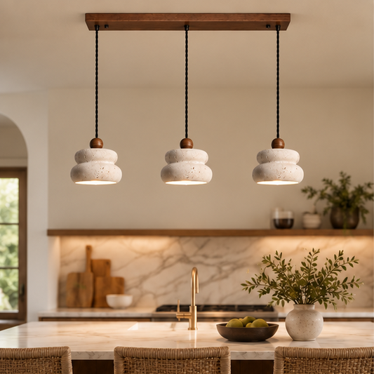 RoyaleGlow Modern Travertine & Walnut 3 Head Linear Chandelier for Dining, Kitchen Island