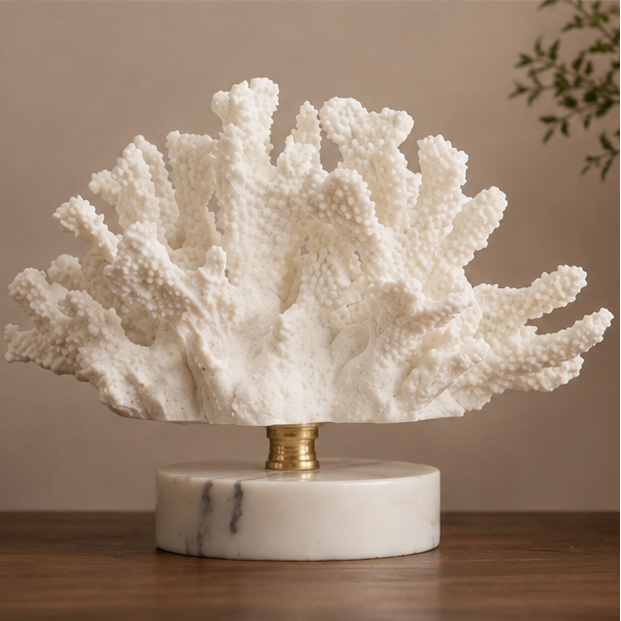 Resin Coral Sculpture Decorative Ornaments White Coral on Simulation Marble Base Art Statues Desktop Statue for Home Office