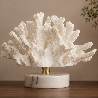 Resin Coral Sculpture Decorative Ornaments White Coral on Simulation Marble Base Art Statues Desktop Statue for Home Office
