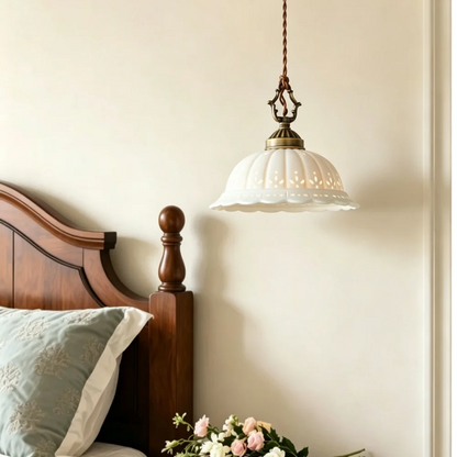 Royelux Vintage Porcelain Bell Pendant Light with Floral Cutouts and Scalloped Rim