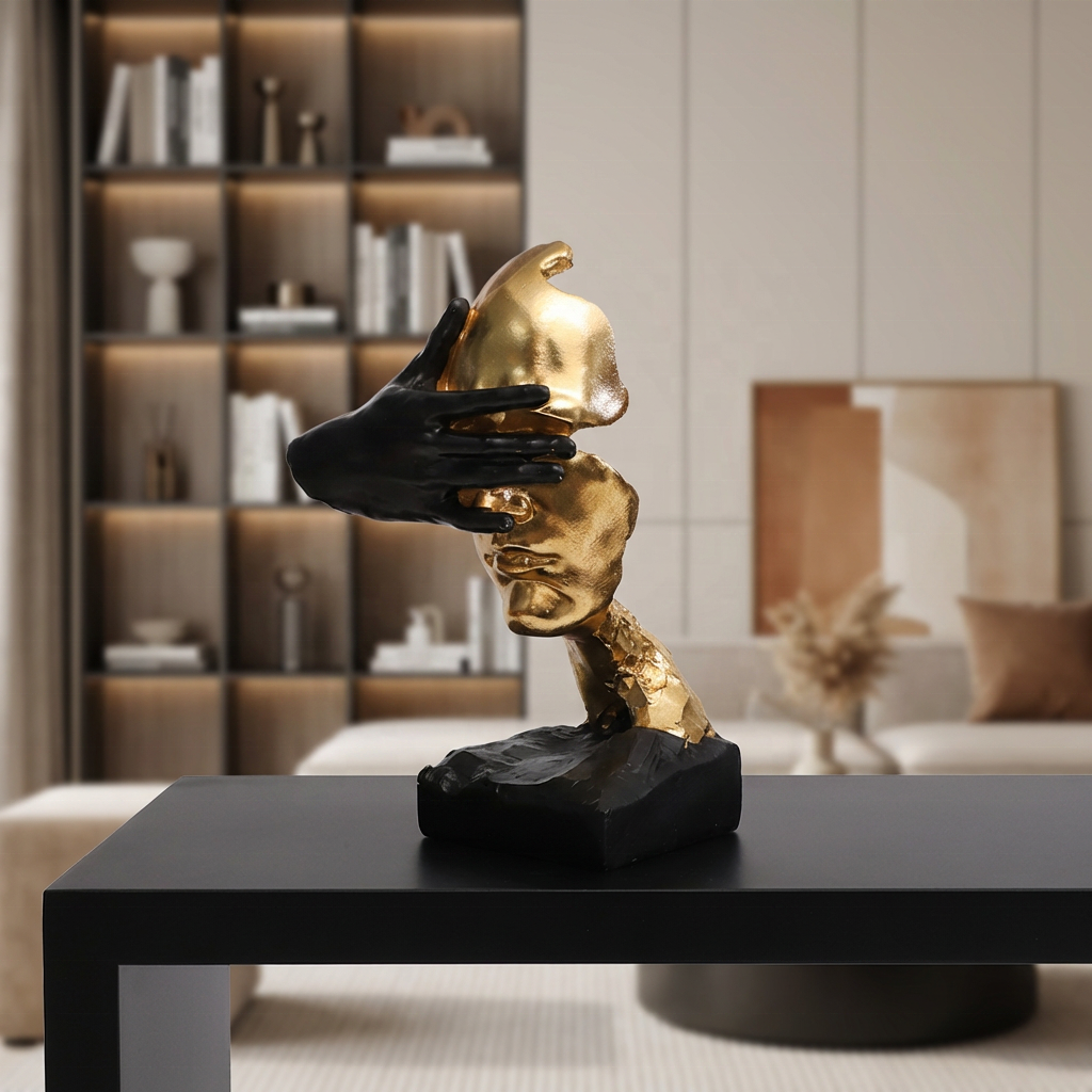 RoyaleGlow Abstract Gold & Black Silence Face Sculpture - Modern Resin Art Decor
