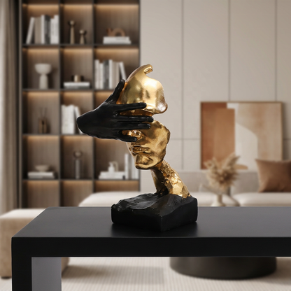 RoyaleGlow Abstract Gold & Black Silence Face Sculpture - Modern Resin Art Decor