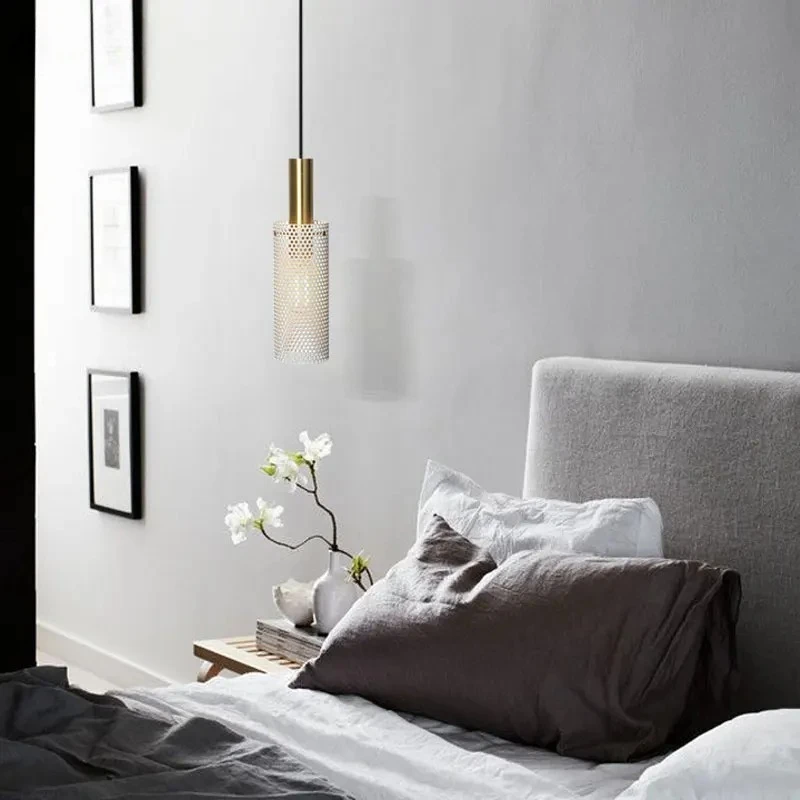 LuxRoyale Bedroom Pendant Light: Cylindrical Black Shade with Decorative Hollow Mesh, Adjustable Height