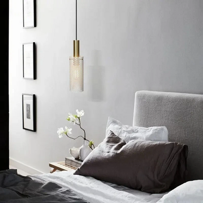 LuxRoyale Bedroom Pendant Light: Cylindrical Black Shade with Decorative Hollow Mesh, Adjustable Height