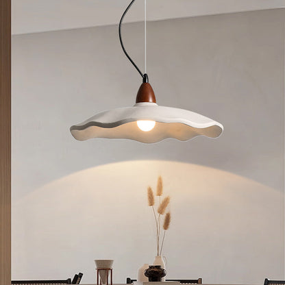 Lumora Terra Zen Pendant Light, Travertine Texture With Scalloped Edge And Walnut Accents For Japandi Modern Homes