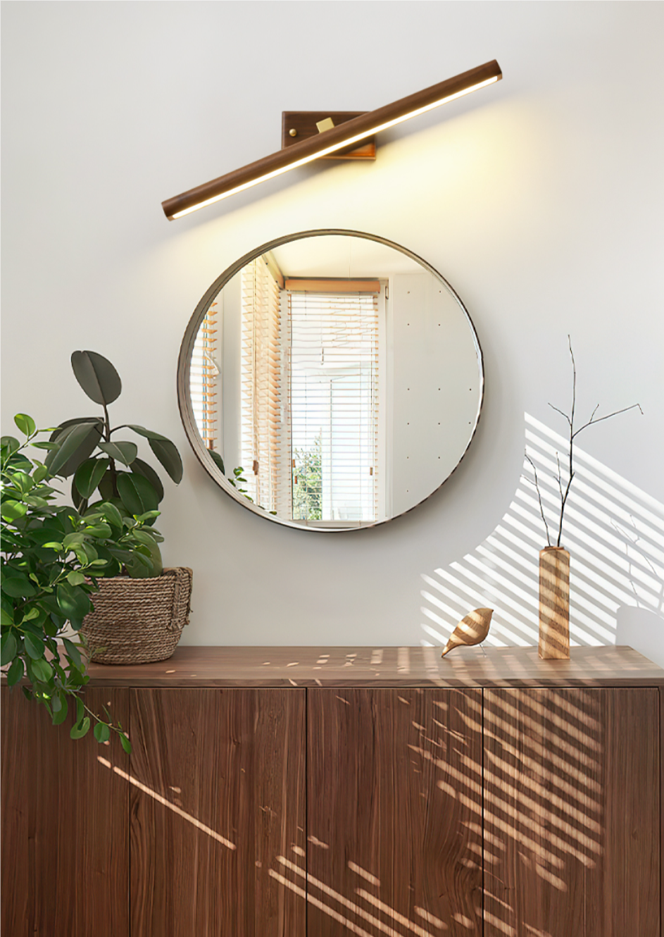 Royaleva Modern Walnut & Brass 360° Rotatable LED Wall Light, Wooden Mirror Wall Light