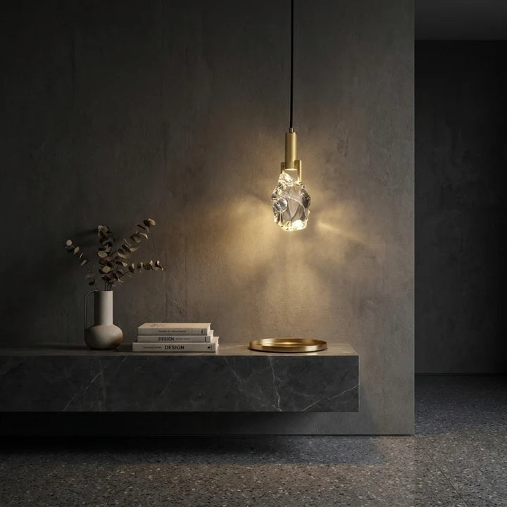 RoyaleGlow Faceted Crystal Pendant Light with Brushed Gold Accents for Dining & Bedroom