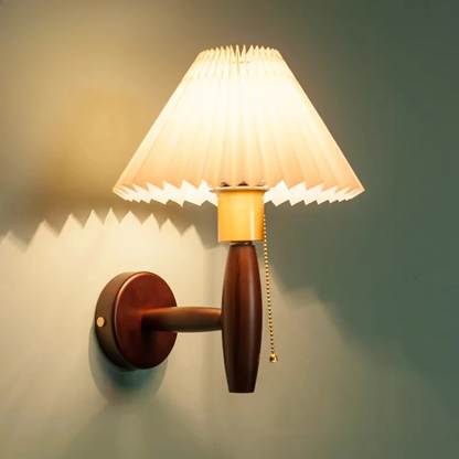 LuxRoyale Vintage Wood Wall Sconce with Pleated Fabric Shade for Bedroom & Hallway