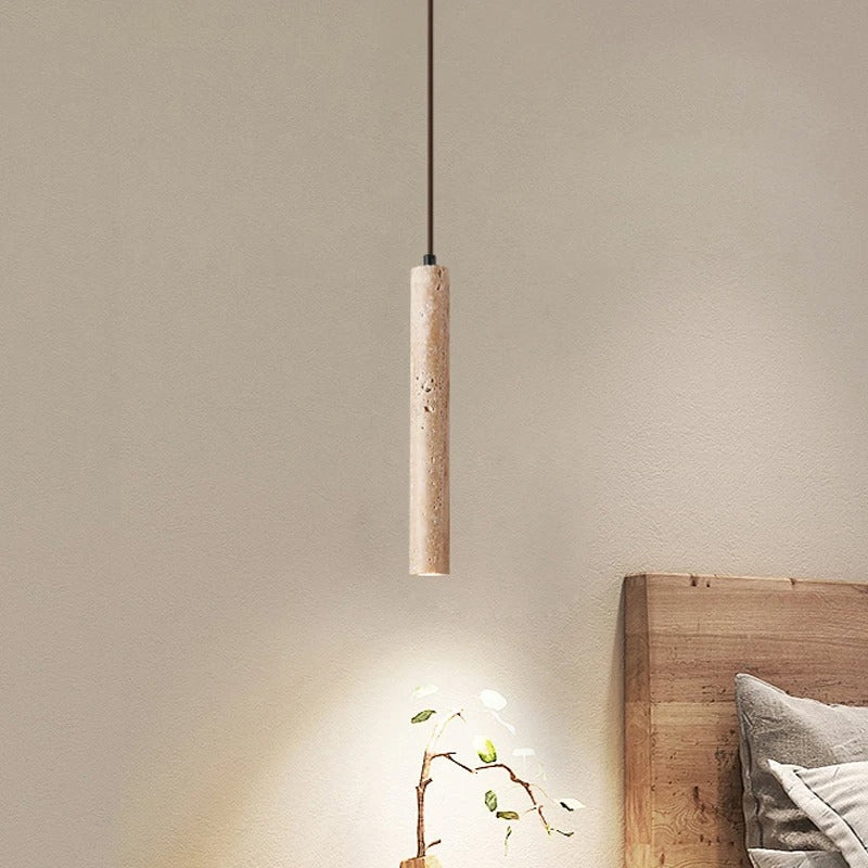 LuxRoyale Marbled Travertine Cylinder Pendant Light, Slim Wabi-Sabi Hanging Lamp