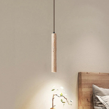 LuxRoyale Marbled Travertine Cylinder Pendant Light, Slim Wabi-Sabi Hanging Lamp