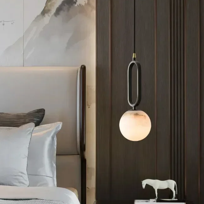 RoyaleGlow Alabaster Globe Pendant Light with Matte Black Loop Frame