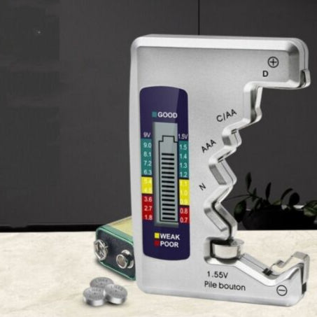 Universal digital battery tester with LCD display for accurate voltage and capacity measurement. Compatible with AA, AAA, C, D, 9V, and rechargeable batteries. Compact, portable, and easy to use.