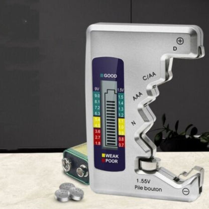 Universal digital battery tester with LCD display for accurate voltage and capacity measurement. Compatible with AA, AAA, C, D, 9V, and rechargeable batteries. Compact, portable, and easy to use.
