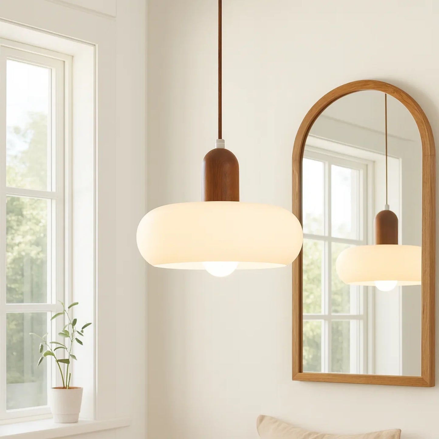 RoyaleGlow Nordic Minimalist Glass Pendant Light with Wood Accent for Dining